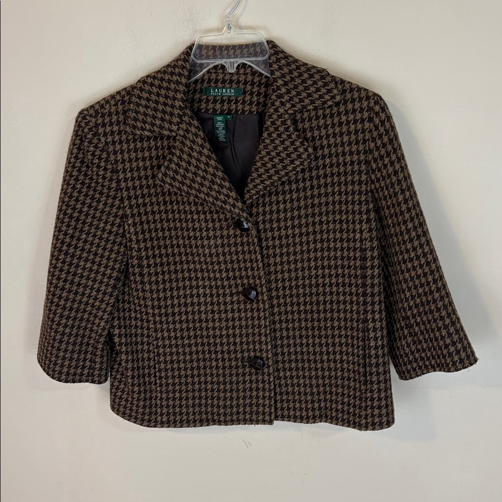 Lauren Ralph Lauren Brown Cropped Wool Blend Houndstooth Jacket Size 14